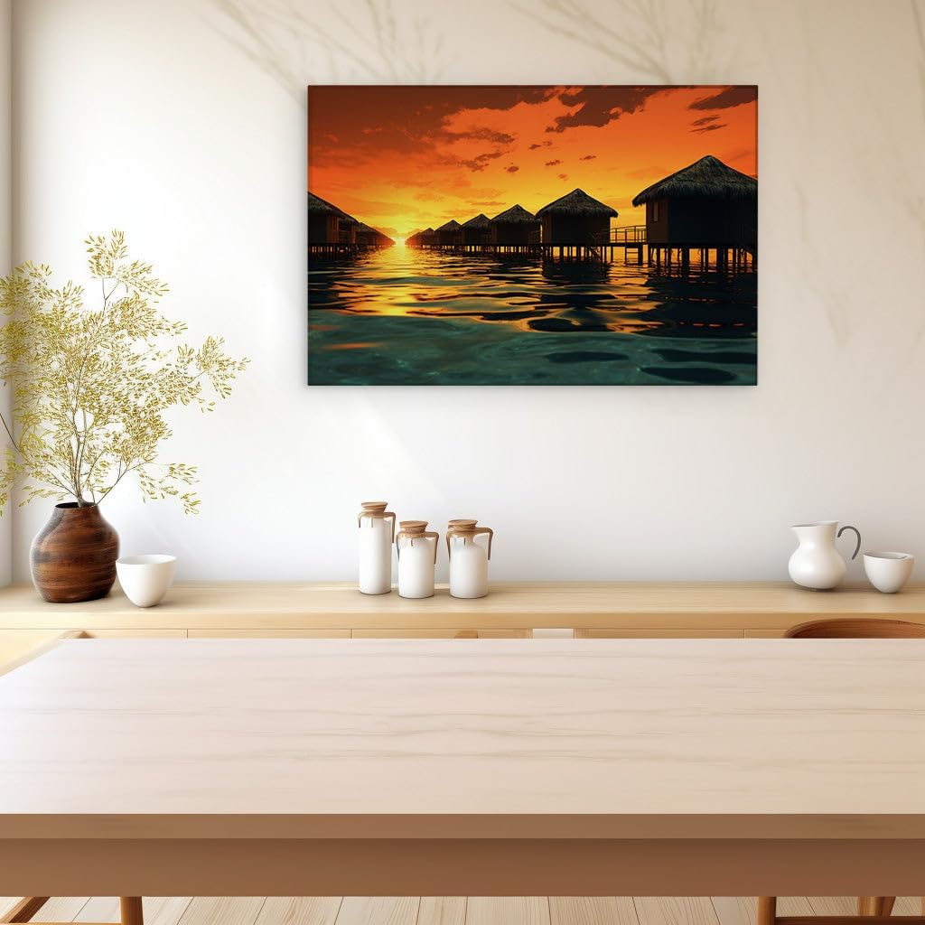Canvas for Living room. Sunset Serenade Above the Ocean Cradled in Thatched Bungalows, 27 x 18 inch Canvas Wall Art - Surrealistic Visions - Modern Home Decor - 69x46 cm (27x18 inch)