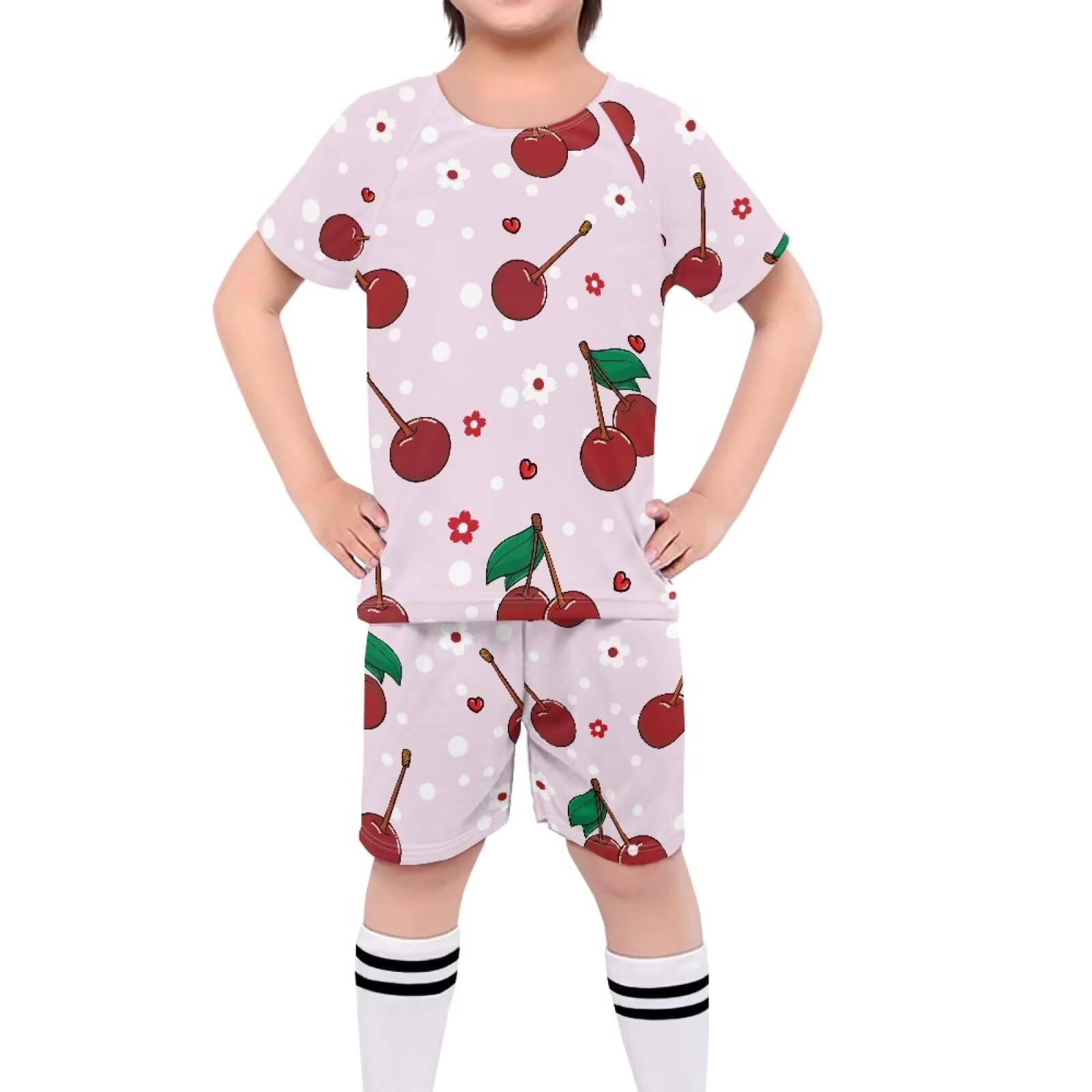 ORGYPET Cherry Print Youth Soccer Jerseys for Boys 2024 Trendy Children's Football Suit Flexible Casual Children's Football Suit Soccer Uniforms for Boys Long-Lasting Coolness, S