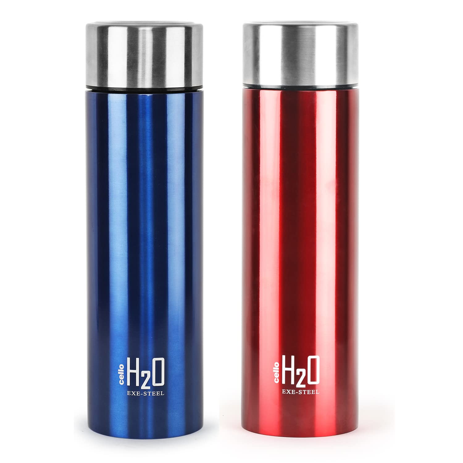 CELLO H2O Stainless Steel Water Bottle For Office & Daily Use Set of 2 Pcs, 1000ml Assorted | Single Wall Freezer & Fridge Safe Lightweight Leakproof Rustproof Steel Water Bottle For School Gym Travel