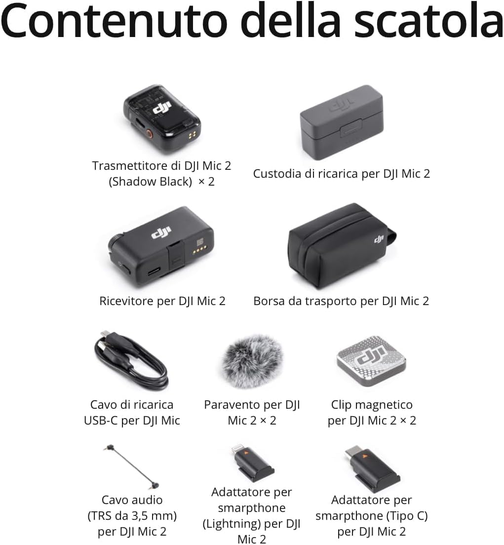 DJI Mic 2 (2 TX + 1 RX + Custodia di ricarica), microfono wireless integrato, eliminazione intelligente del rumore, registrazione interna in float a 32 bit, 250 m di distanza, per iPhone e Android