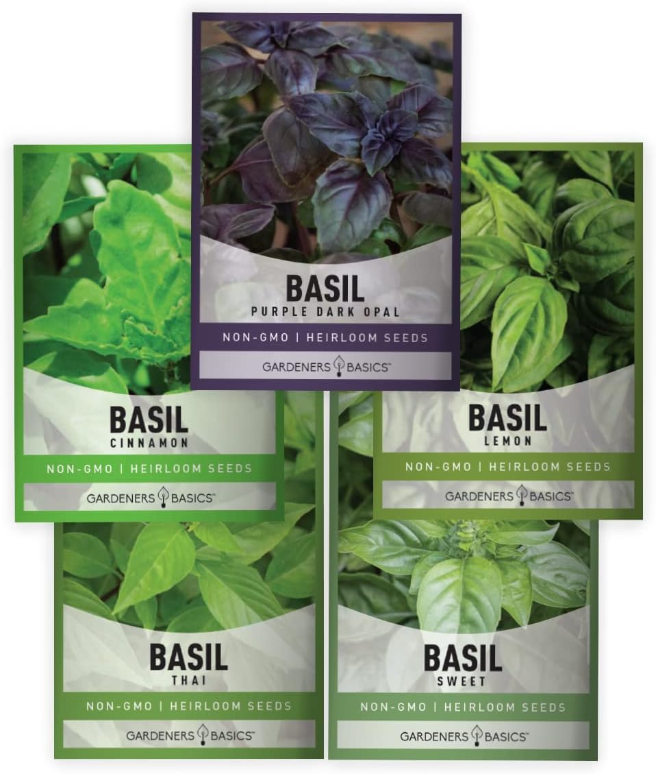 Gardeners Basics, Basil Seeds for Planting Home Garden Herbs - 5 Variety Herb Pack Thai, Lemon, Cinnamon, Sweet and Dark Opal Basil Seeds Herb Seeds for Indoors, Outdoors, Hydroponics & Aquaponic