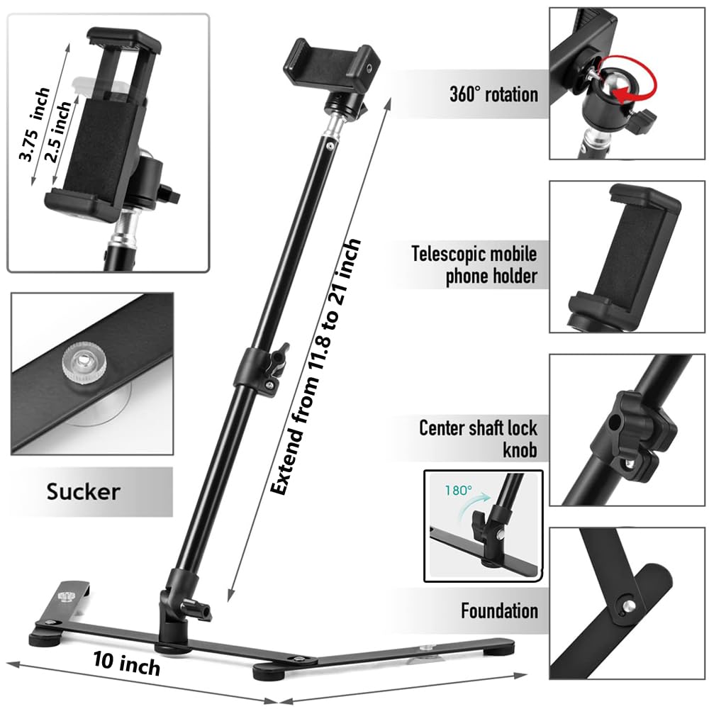 BROLAVIYA Overhead Video Mobile Metal Desktop Stand with 1/4" Male Adaptor for Camera,Gopro and Mobile Bracket for Online Teaching,Video,Desktop,Bedroom, Office 2