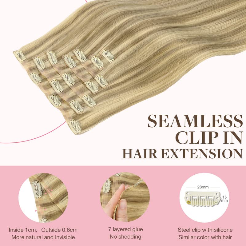 GOO GOO Clip in Hair Extensions Real Human Hair, Remy Human Hair Extensions Clip ins for Women, Natural Human Hair, 16inch 110g 7Pcs, 16/22 Light Blonde Highlighted Golden Blonde - Image 3