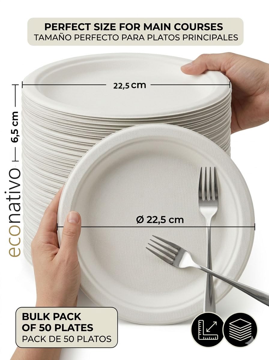 Econativo Platos 22,5 cm Desechables de Fibra de Caña de Azúcar - Pack 50 Unidades - Compostables, Resistentes y Ecológicos – Vajilla para Eventos, Catering y Uso Diario — view 9