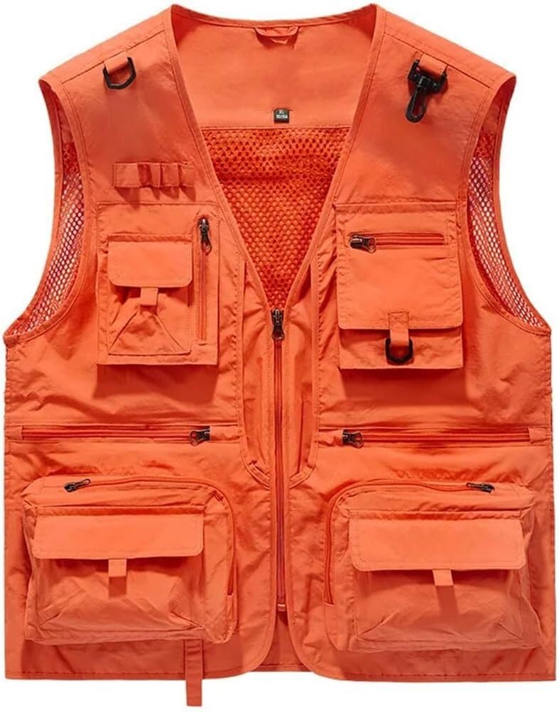 Gilet Multi-Poches d'extérieur Tactique for randonnée, pêche, Photographe, Gilet en Maille, Veste Cargo sans Manches(Orange,M)