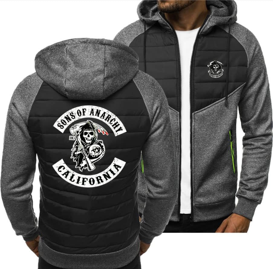 YRSHENG S.o.n.s O.f A.n.a.r.c.h.y Print Men's Sweatshirt Zipper Hooded Sweatshirt Jacket Casual Cardigan Warm Sweater Long Sleeve Pullover Coats - Teen-dark grey||XXL