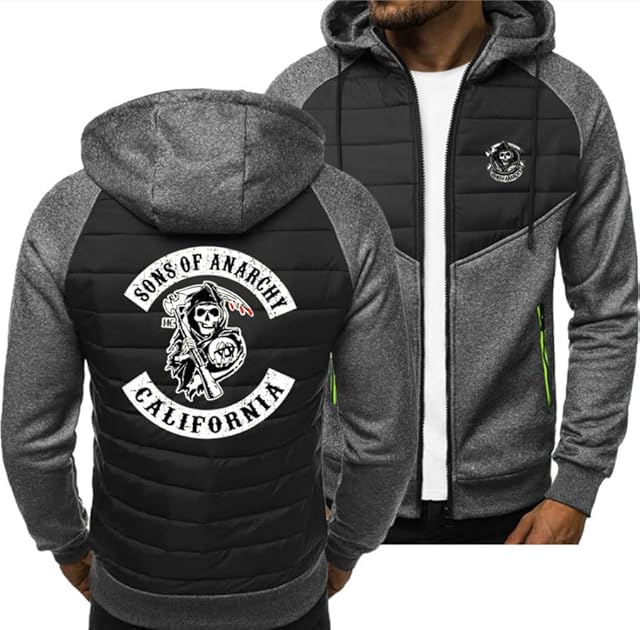 YRSHENG S.o.n.s O.f A.n.a.r.c.h.y Print Men's Sweatshirt Zipper Hooded Sweatshirt Jacket Casual Cardigan Warm Sweater Long Sleeve Pullover Coats - Teen-dark grey||XXL