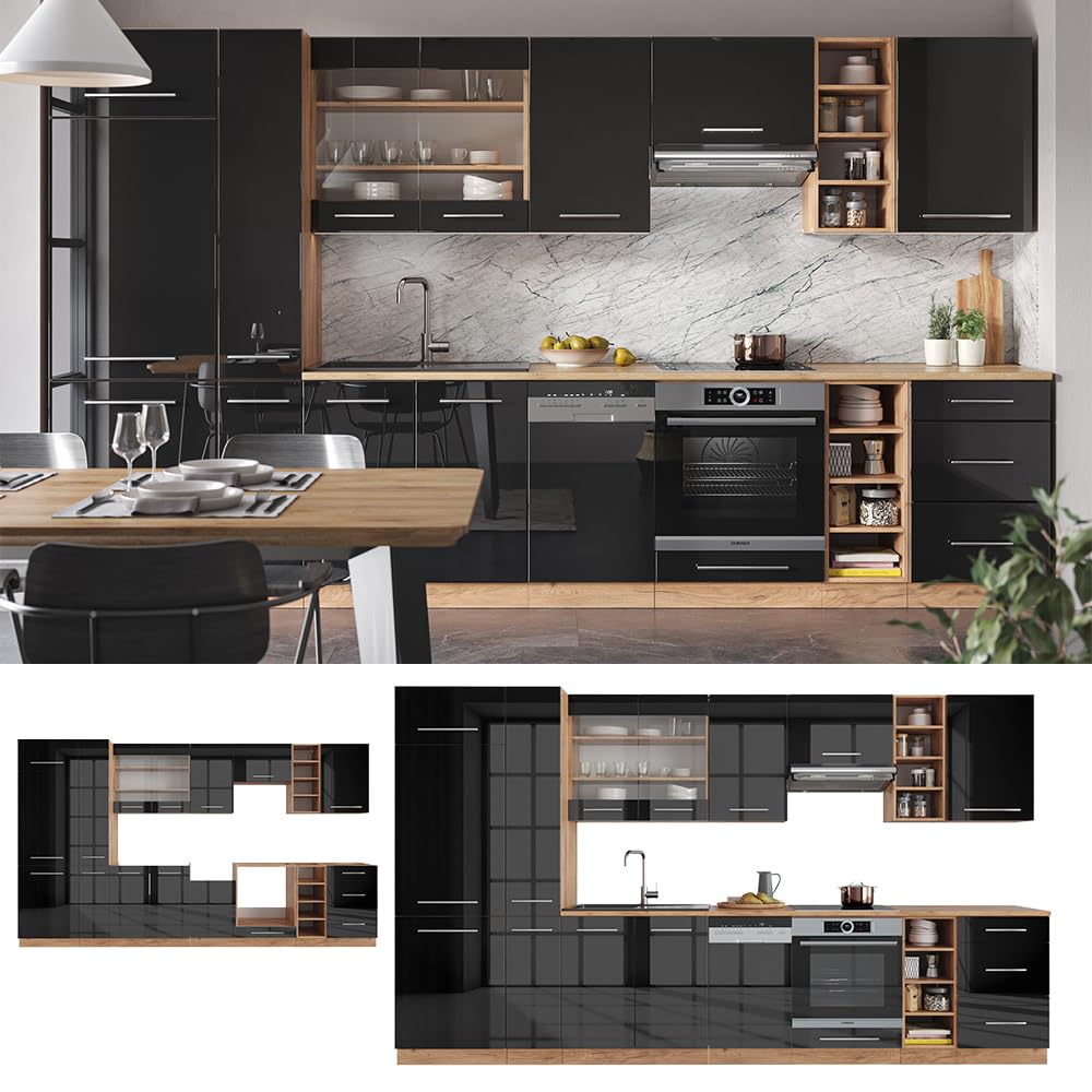 Vicco Cuisine Fame-Line, Anthracite Brillant/Chêne doré, 355cm, PT Chêne, adapté à Une Extension individuelle avec des modules supplémentaires