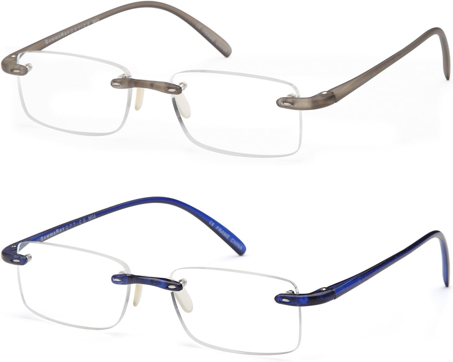 GAMMA RAY 2 Pack of Super Lightweight Flex Arm Slim Rimless Readers with Magnification - Choose Your Magnification