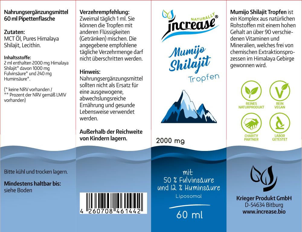 Liposomale Shilajit Tropfen hochdosiert - (60.000mg Shilajit pro Packung) 2000mg Shilajit pro Tagesdosis davon 50% (1000mg) Fluvinsäure und 12% (240mg) Huminsäure - MCT Öl - Hohe Bioverfügbarkeit