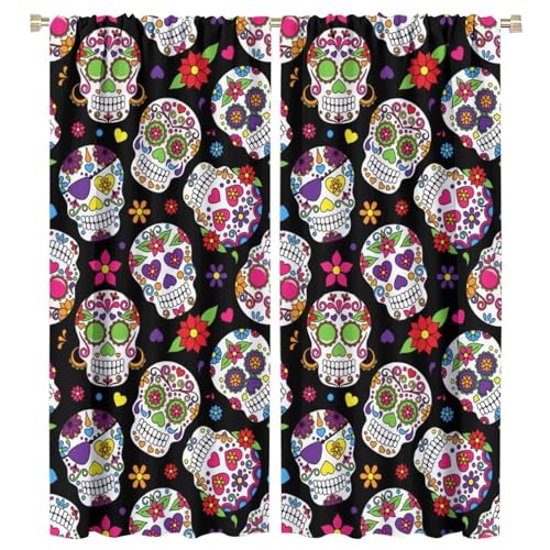 SENQIAN rideaux cuisine crâne sucre fleuri 27.5x63in 2 panneaux