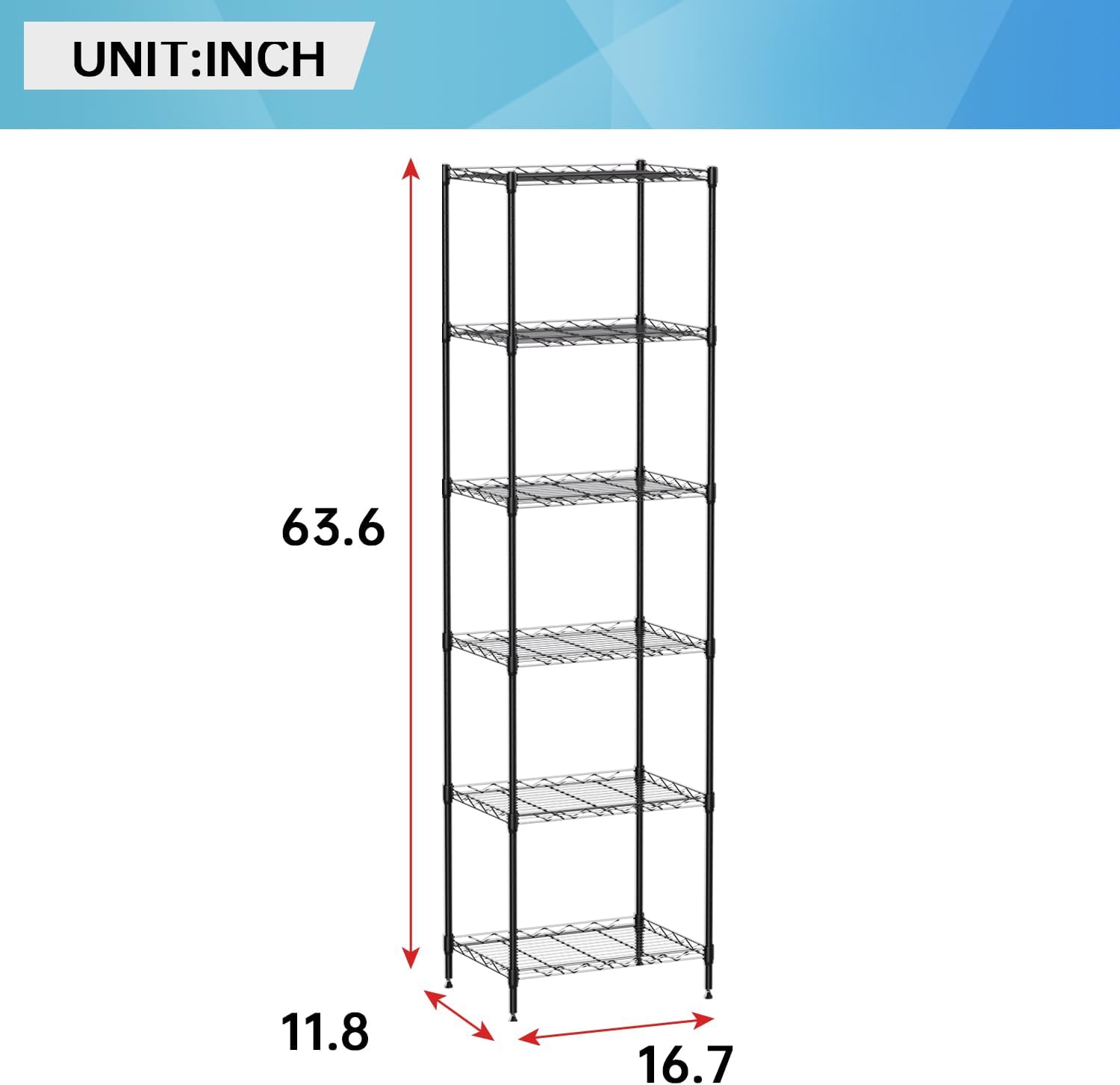6 Tiers Wire Shelving 12" Dx17 Wx64 H Metal Frame Storage Shelves Easy Setup NSF Certified Storage Shelf Rack Shelf with Leveling Feet for Home Garage Kitchen Pantry, Black - Image 3