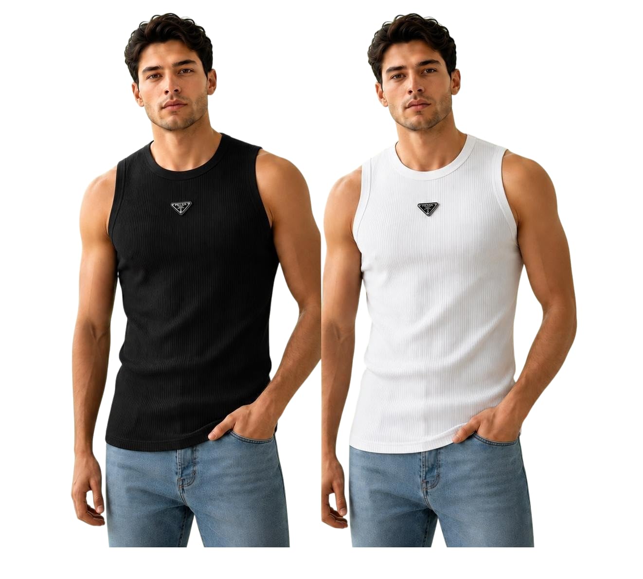 Men's Ribbed Sleeveless Tank Top with Triangle Badge, Black and White, Pack of 2-picture-19