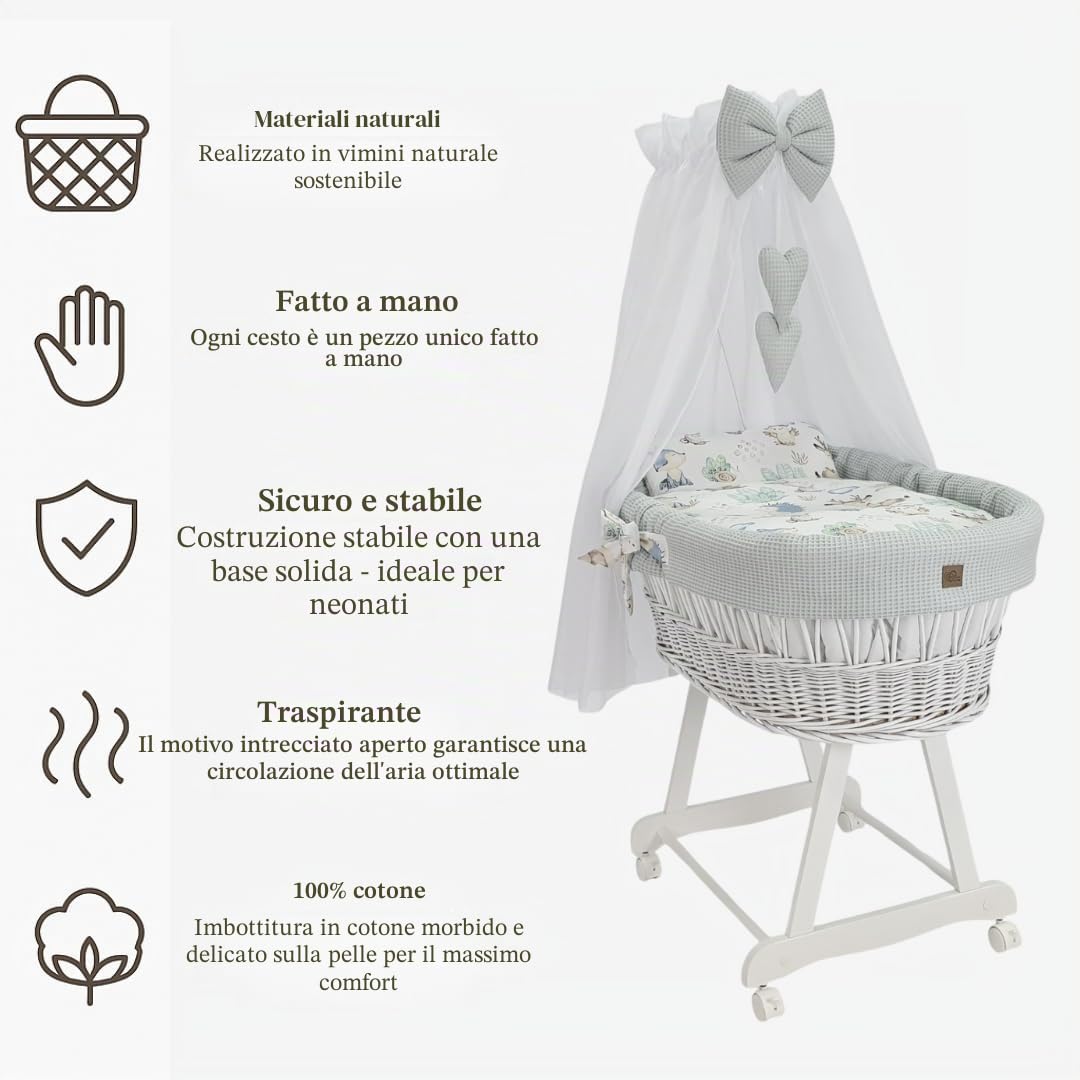 Wiklinopol Cestino Moses con baldacchino Lena – Culla in vimini con struttura – Cestino bianco, set completo con biancheria a nido d’ape 5 pz. Riccio & amici bianco – Con ruote, portatile, sicuro