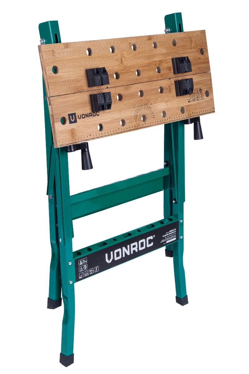 VONROC Banco da lavoro richiudibile in legno di bambù. Portata massima 150 kg, pieghevole. Dimensioni: Larghezza: 520 mm - Altezza: 775 mm - Lunghezza: 635 mm