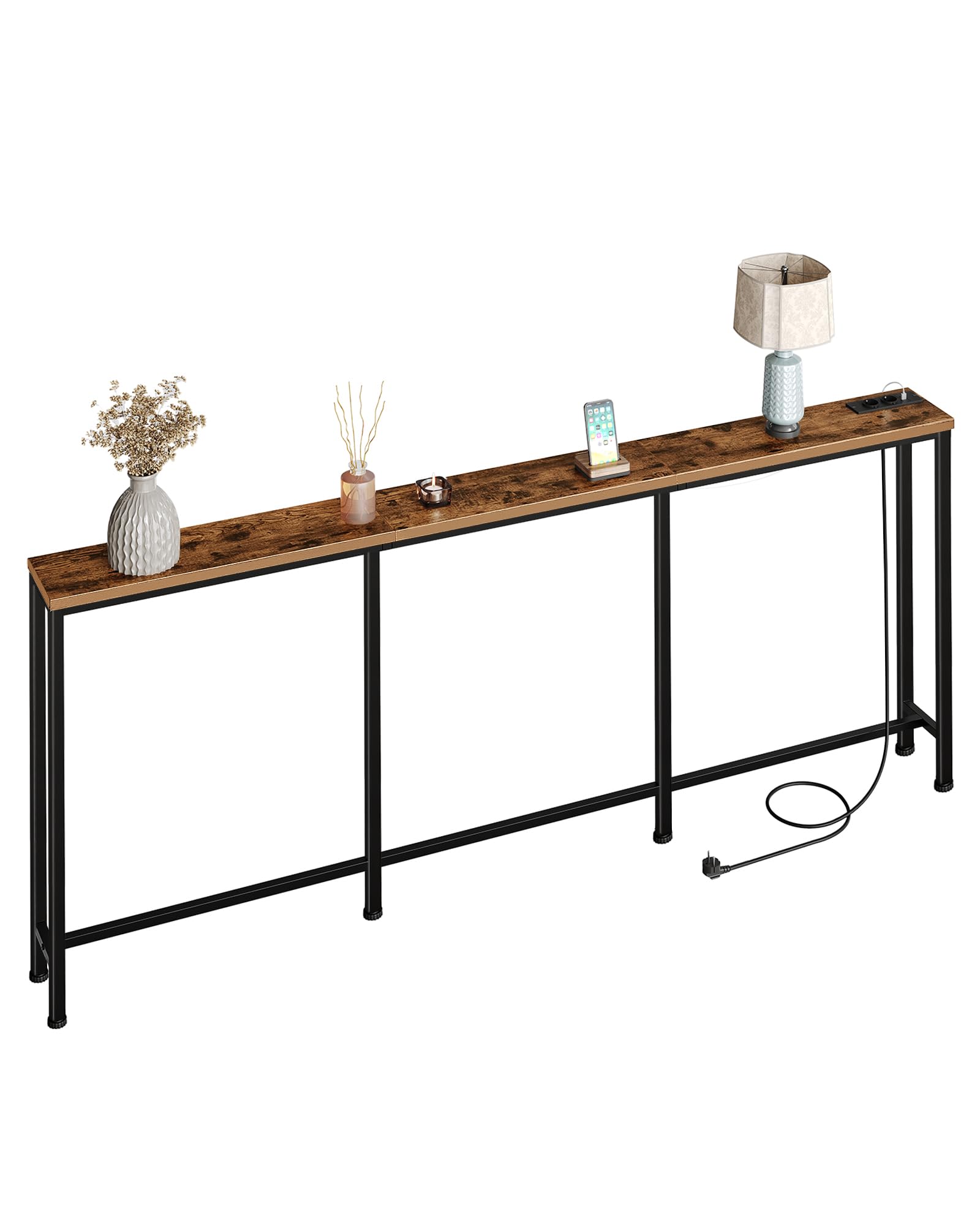 CHOEZON 200 cm stolik konsolowy, stół do przedpokoju ze stacją ładującą, wąski stolik z 2 gniazdami wtykowymi i 2 gniazdami USB, stolik pomocniczy, do salonu, przedpokoju, rustykalny brązowy i czarny
