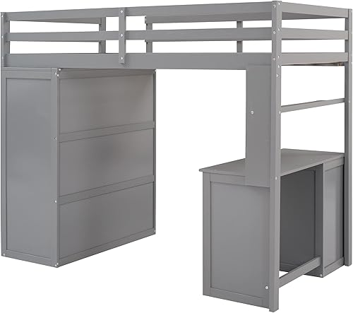 Miniatura 284 de Quarte Cama alta multifuncional, cama alta tamaño matrimonial con escritorio integrado y estantes de almacenamiento, dos cajones y escalera de