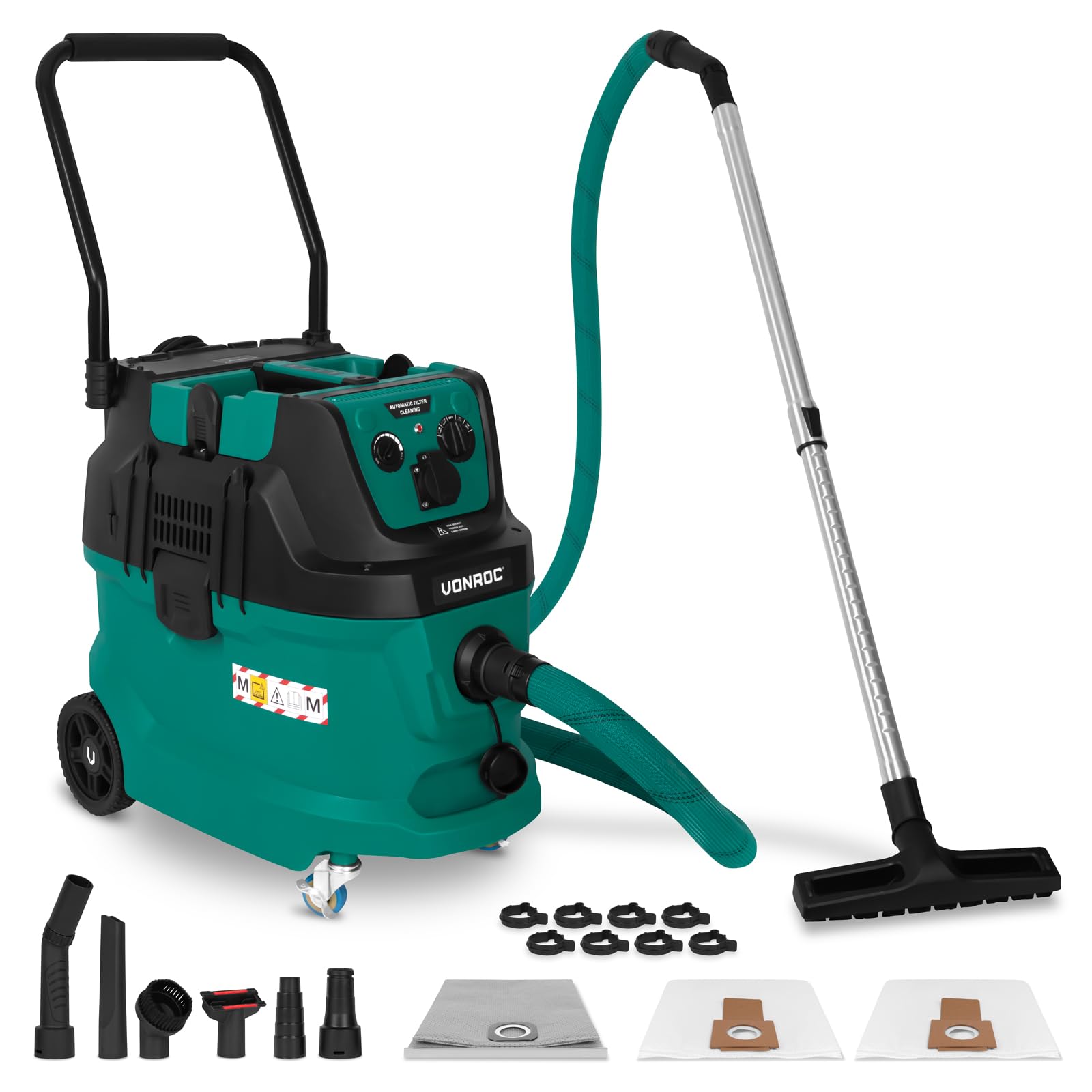 VONROC Aspiratore Industriale Classe M 1600W con Filtro HEPA H14, Pulizia Automatica a Impulsi, Aspirapolvere Wet & Dry per Cantieri, Tubo Antistatico Ø35 mm, Presa 2000W per Elettroutensili