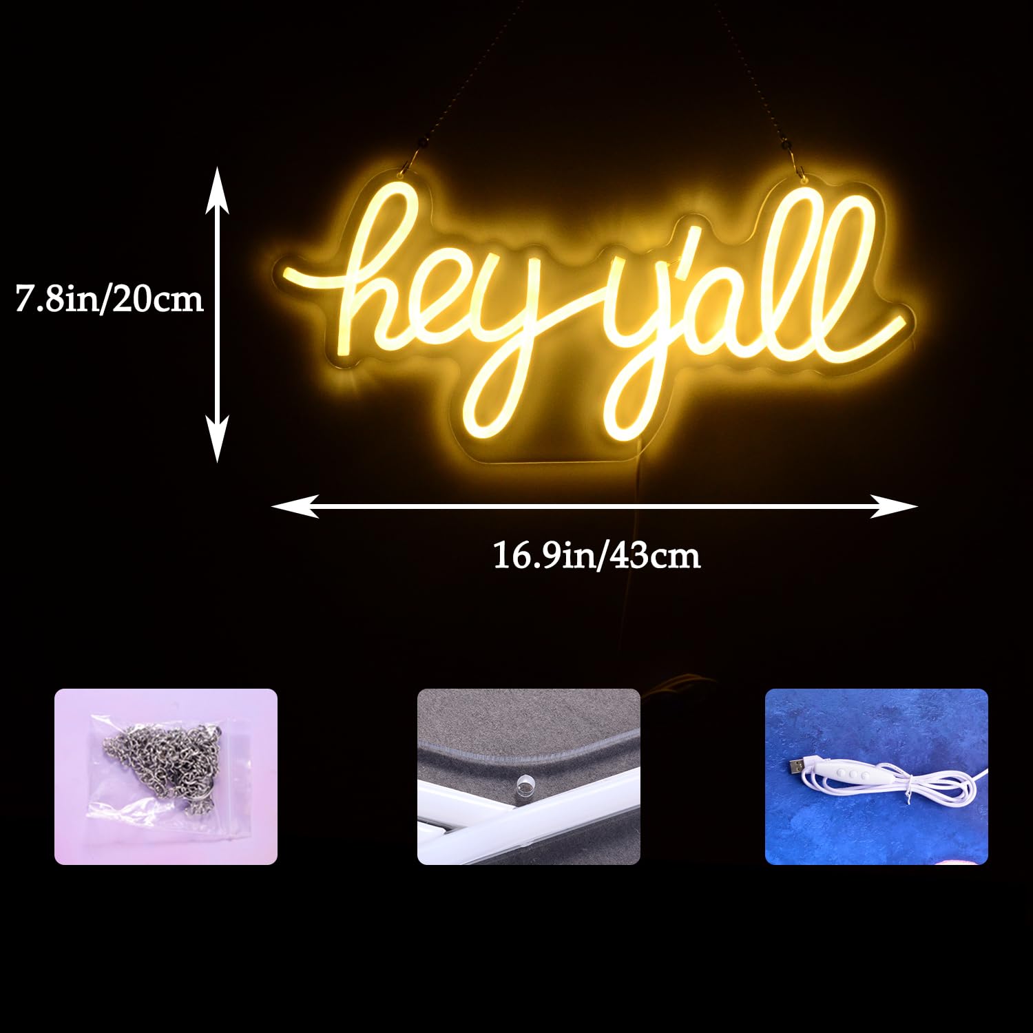 Hey y'all LED Neon Signs Hello Reusable Letter Light up Southern Sayings Decor “16.9x7.8” Enthusiasm Words Neon Art Light for Bedroom Office Workshop Coffee University Party