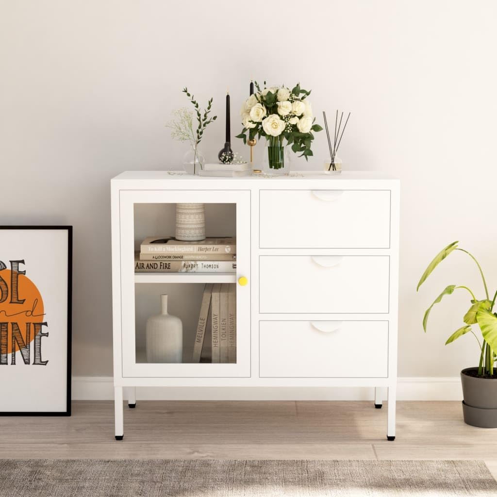 Modern White Steel Sideboard with Adjustable Shelves and Three Drawers for Living Room Bedroom Storage Furniture