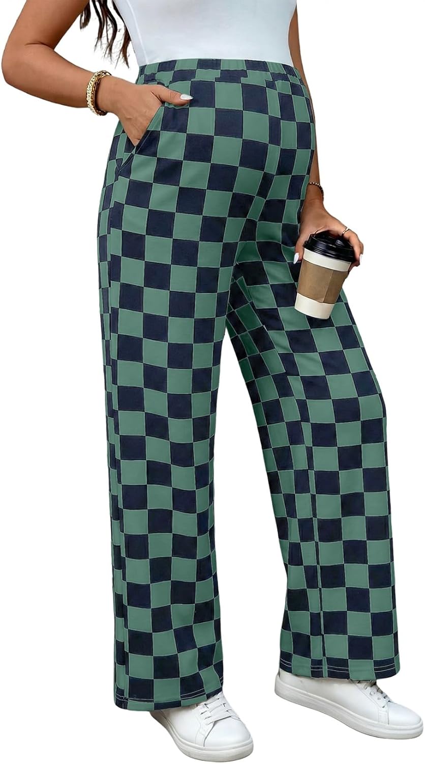 BLENCOT Womens Casual Checkered Pants for Maternity Elastic Waist Wide Leg Pants Grid Pregnant Trousers with Pockets