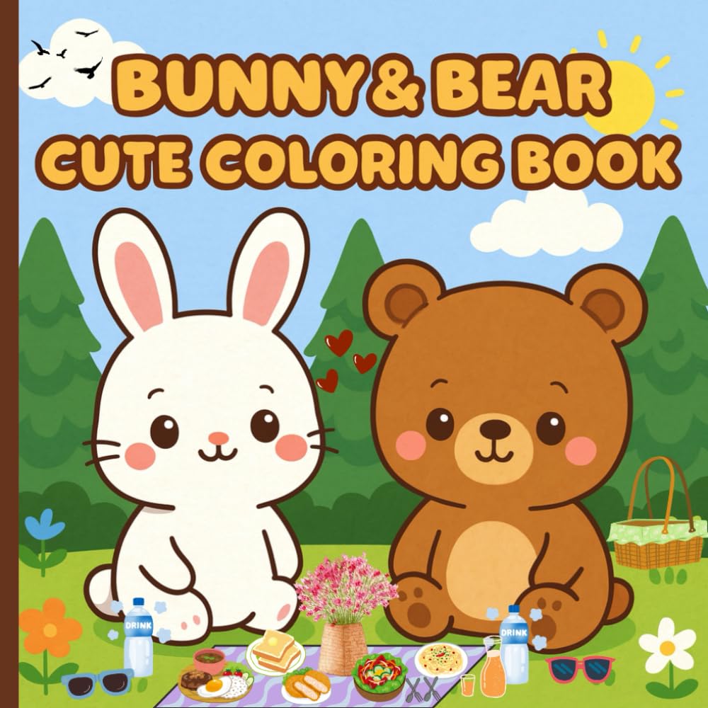 Bunny and Bear Cute Coloring Book , 10 Unique Coloring Pages for Kids and Adults, 8.5 x 8.5 Inches