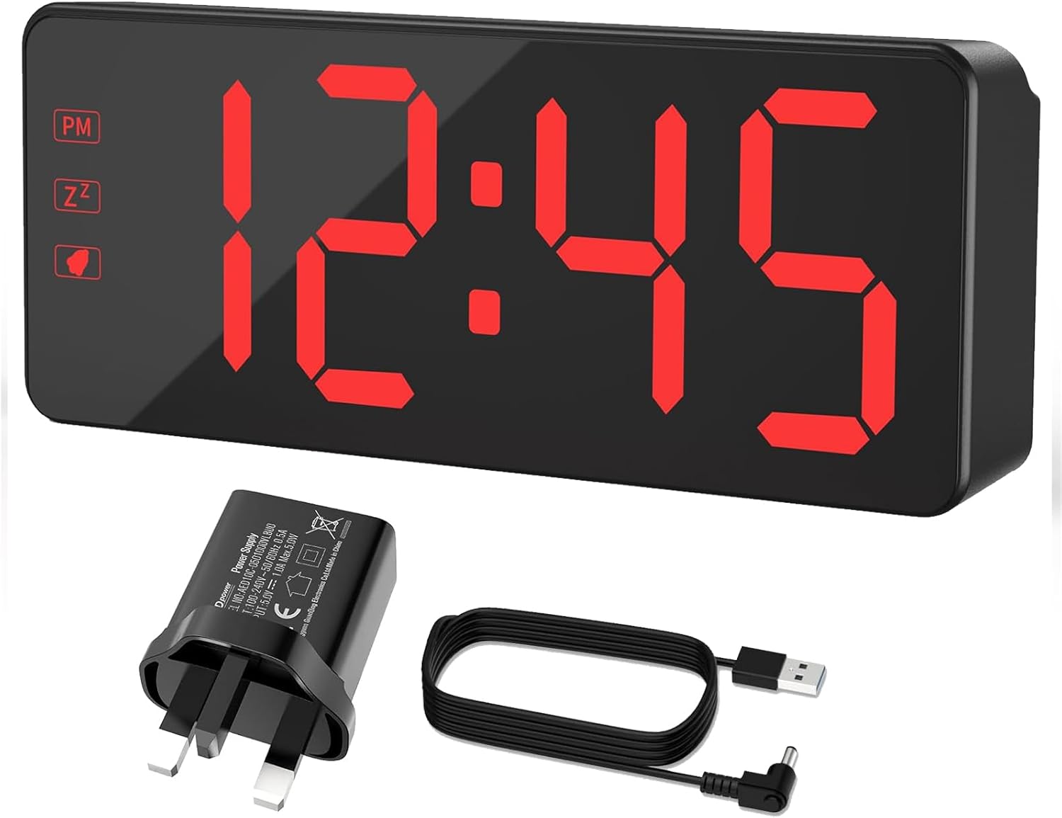 KWANWA Digital Alarm Clock with UK power adapter and USB cable