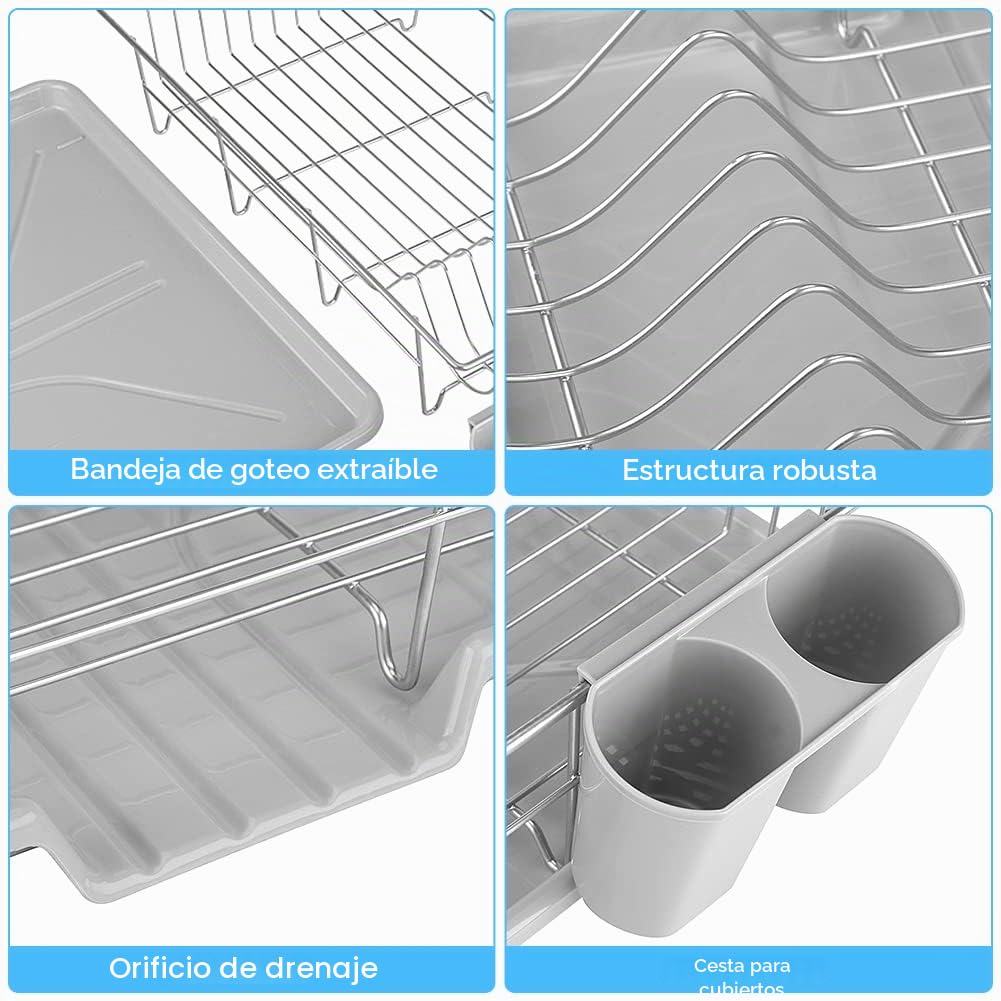 Greensen Escurridor de Platos de Acero Inoxidable, Bandeja de Escurrimiento para Cocina con Cesta para Cubiertos, Multifuncional, Resistente y Fácil de Limpiar 48 x 30 x 11 cm