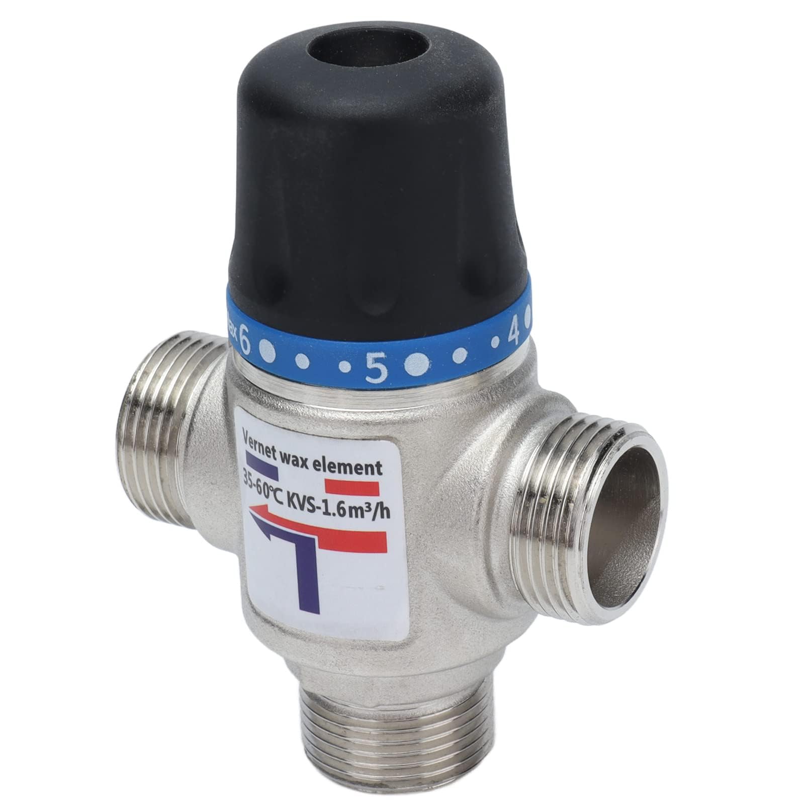 Valvola di Miscelazione Termostatica 3/4" a 3 Vie, Ottone Nichelato, Temperatura Regolabile 35-60°, Argento e Nero, Interruzione Automatica