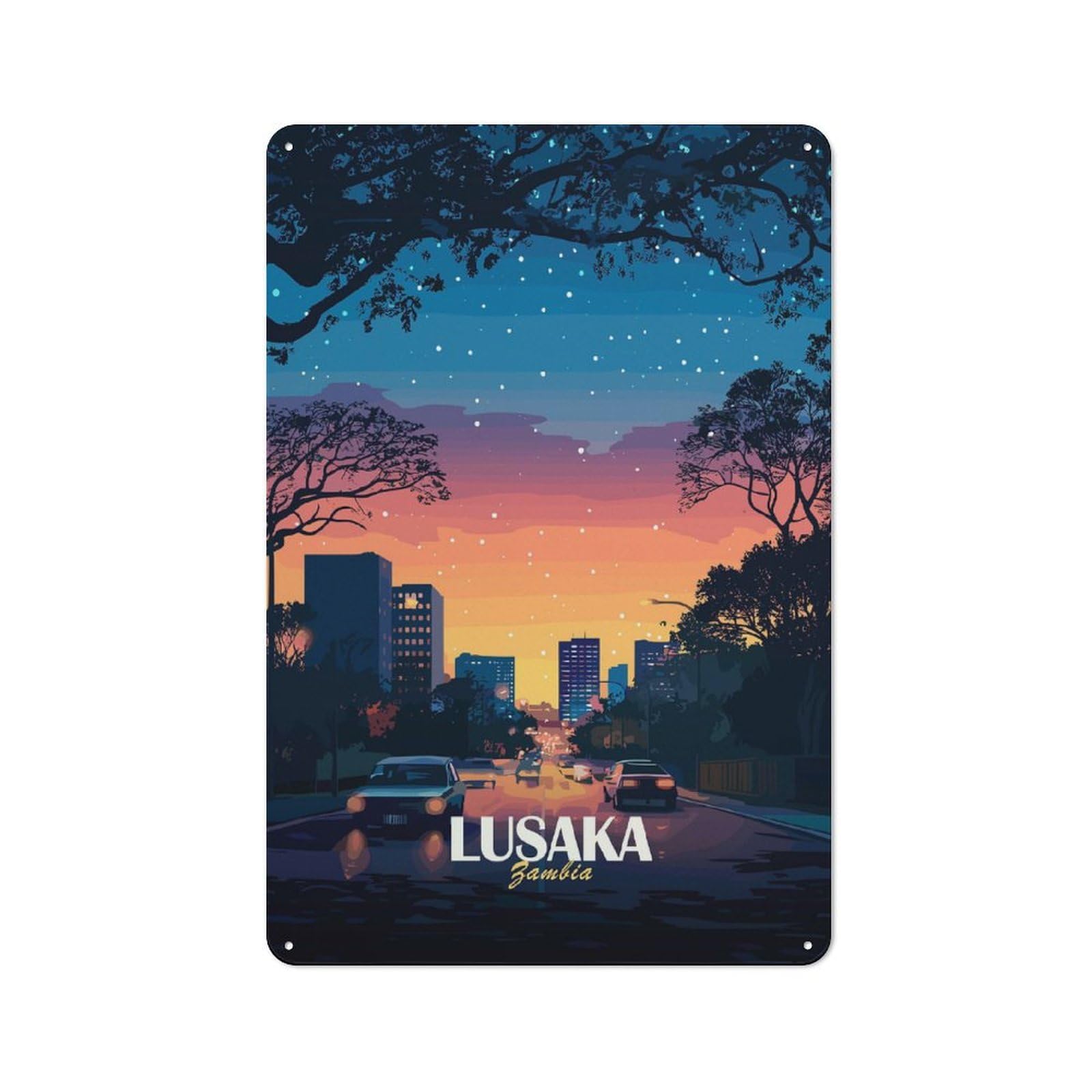 Junmoney Style-16 Vintage Lusaka Zambia Cityscape At Dusk Metal Plaque 30X20cm, Diner Style Decor For Bakery, Diner, Cafe Or Family Room