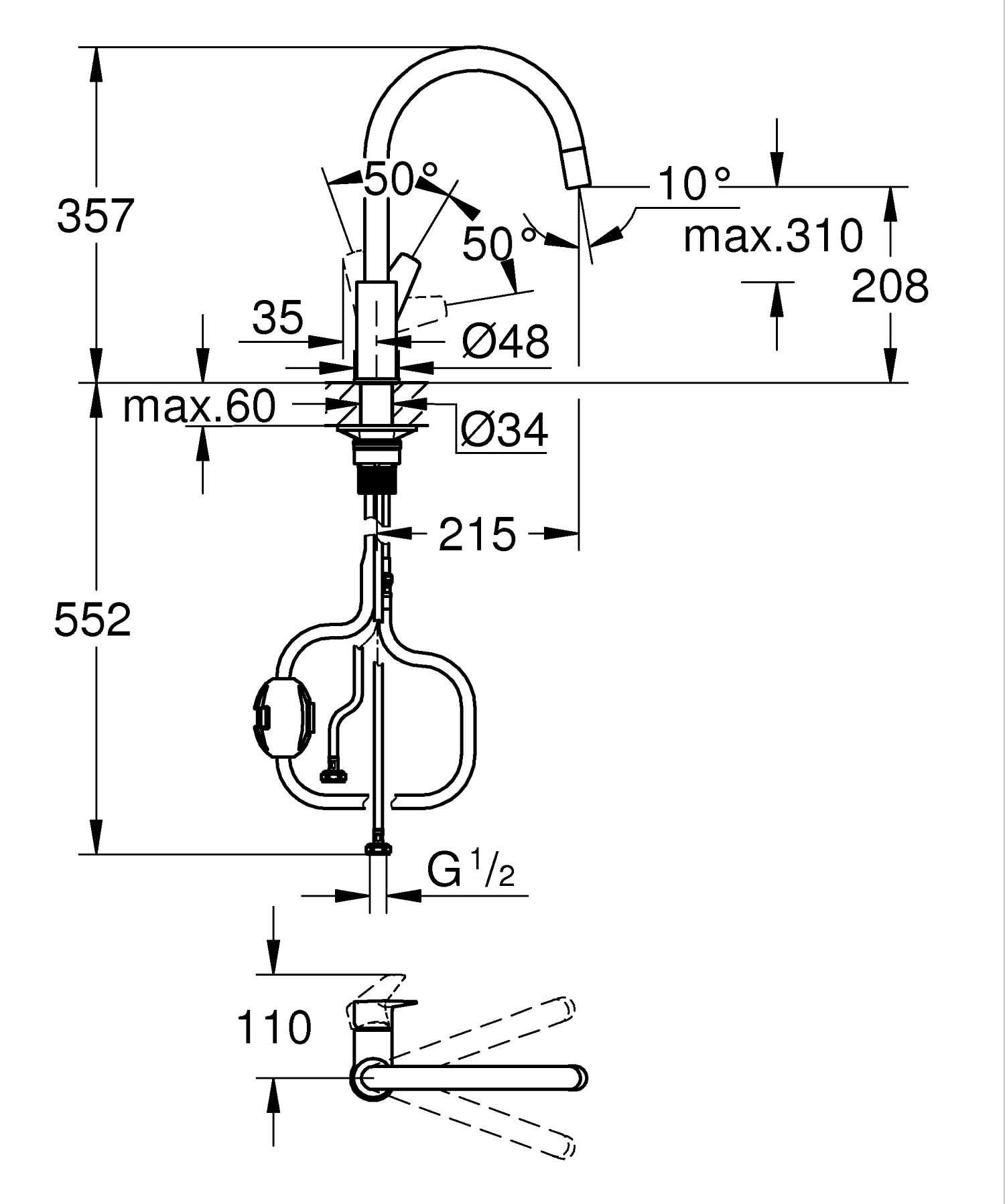 GROHE QuickFix Start Edge, Rubinetto Miscelatore per lavello da cucina a 1 leva con funzione estraibile (bocca a C alta, area girevole a 360°, cartuccia in ceramica da 28 mm) 357 mm, Cromo, 30551000