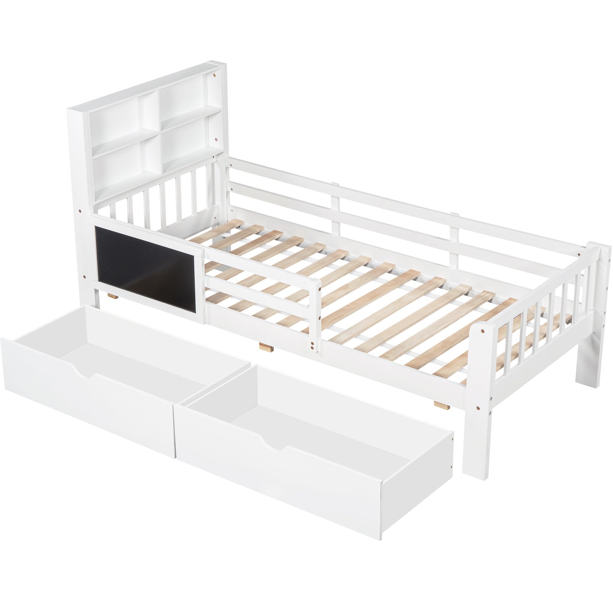 Cama Infantil 90 x 200cm, Cama Individual con Varias Funciones, Protección Anti-Caída y Somier, Cama para Niños con Cajones y Pizarra, sin Colchón, Blanco