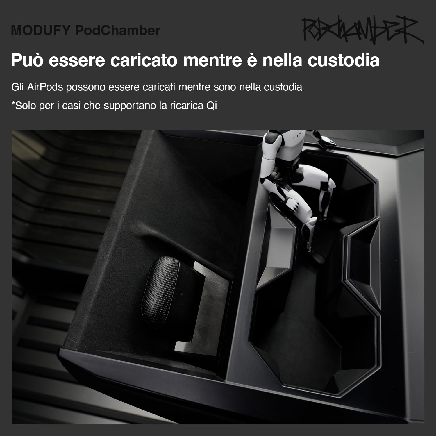 PodChamber Tesla esclusivo Supporto di ricerca per Auricolari abilitati Qi (Compatibile con Qi / Earbuds / Soundcore P40i / NOTHING Ear / Cybertruck / Stainless / Model3 / ModelY / Tesla)
