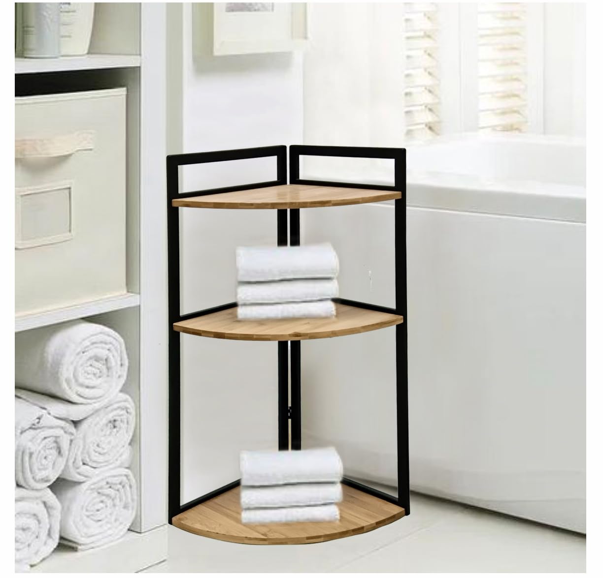XZ-22123-2 Estante Organizador de Madera Natural Pirámide con los Marcos Metal para Baño, Alacena, Lavandería, Multifunción 3 Niveles.