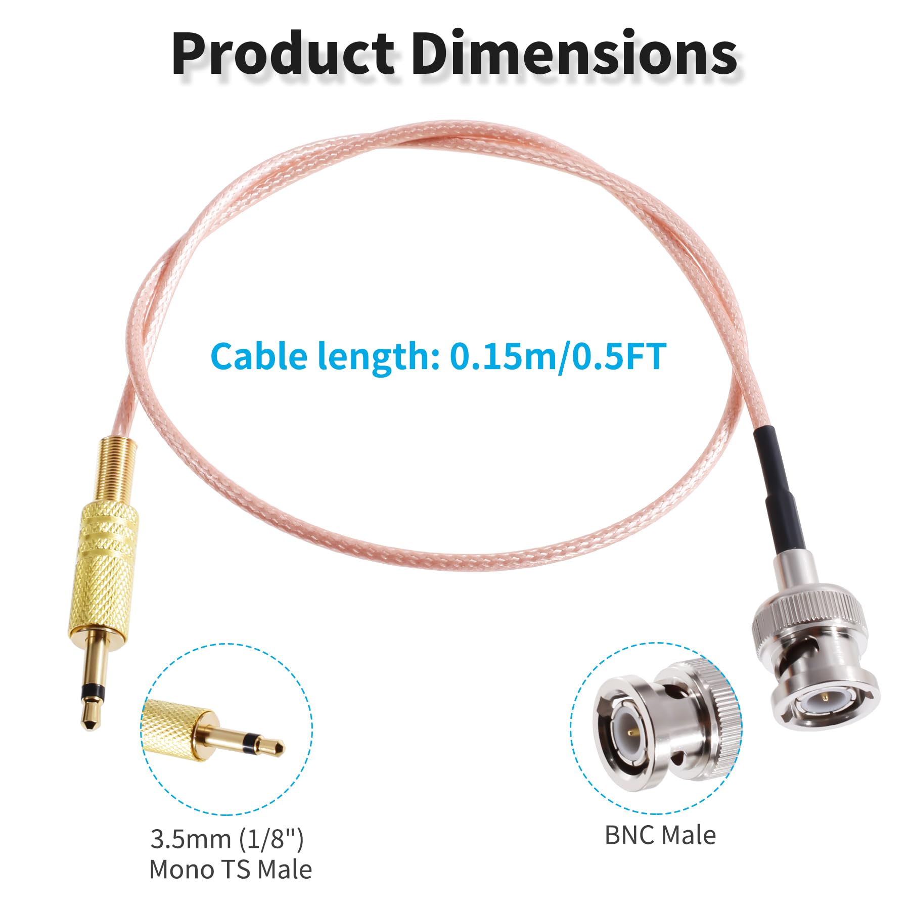 2 cables mono TS macho a BNC macho de 3,5 mm, cable coaxial RG316 de 0,2 m, 50 ohm BNC a 3,5 mm, adaptador TS mono para antenas, radio aficionada