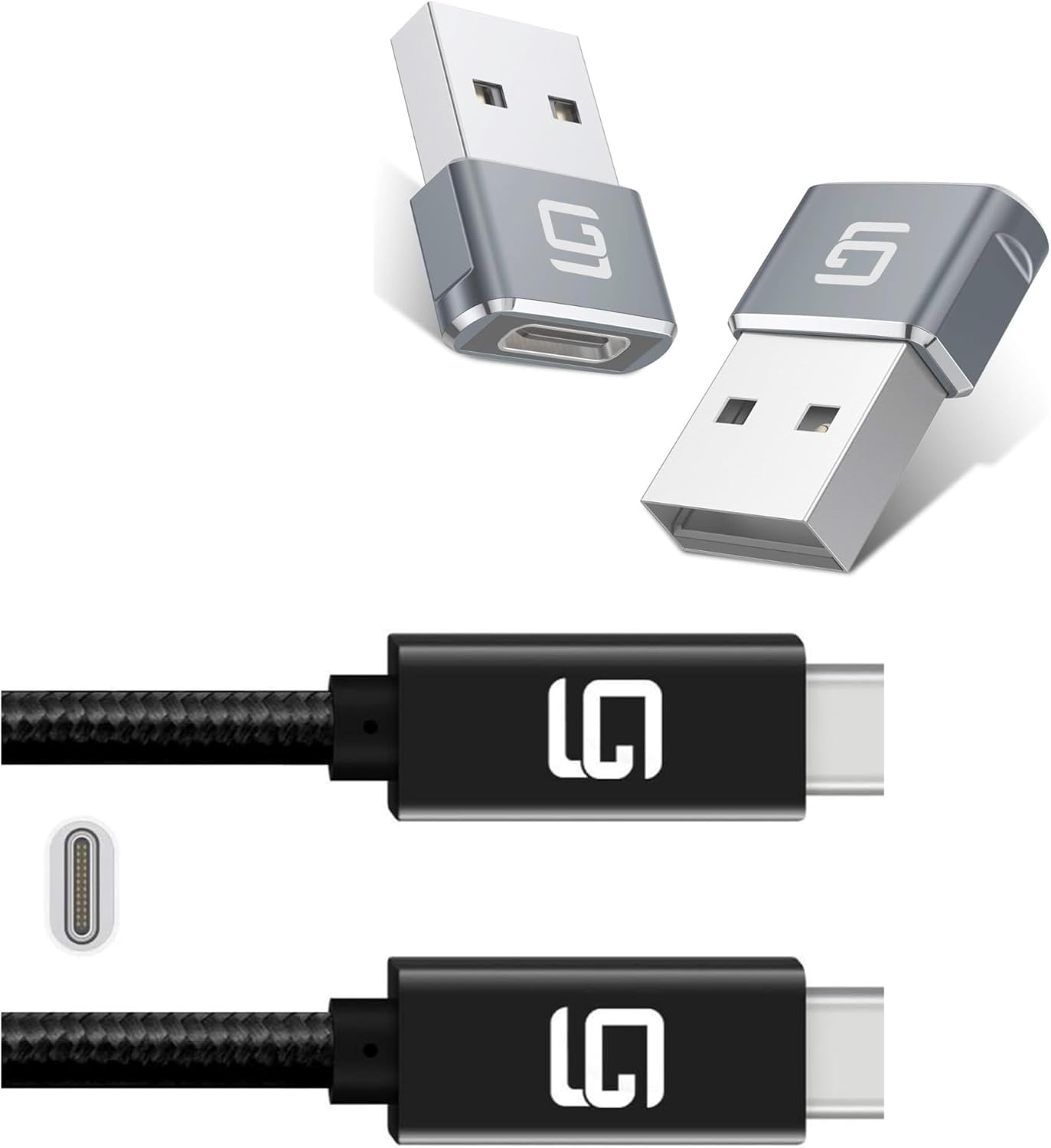USB to USB C Adapter 2 Pack USB C Female to A Male OTG Charger Type 2.0 Power with Ultra Compact and USB C Cable (20Gbps) SuperSpeed 100W Power Dual 4k or Single 5k @60hz Display 6.6ft