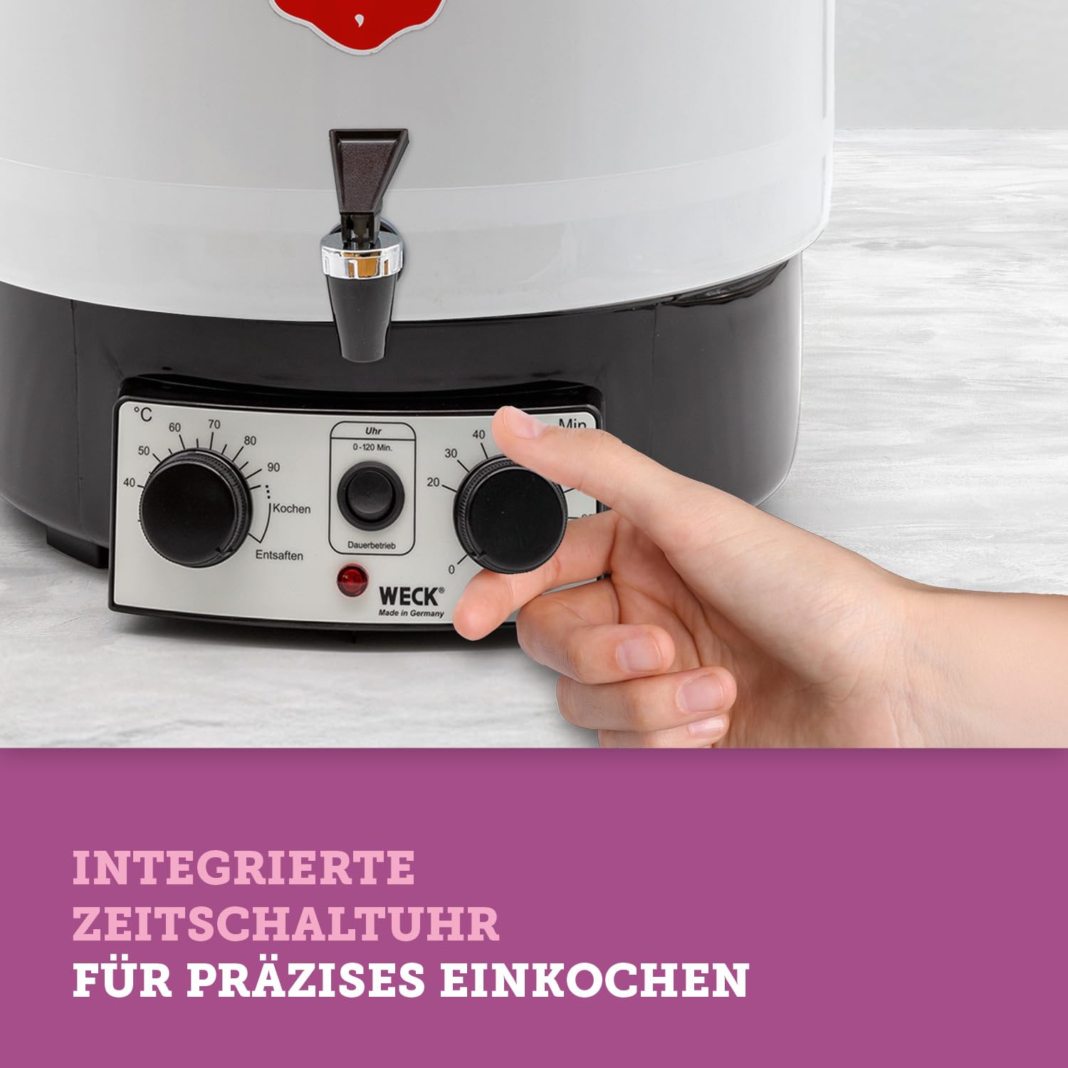 WECK Einkochautomat WAT35-A Kunststoff mit Präzisionsthermostat, Auslaufhahn & Zeitschaltuhr – 29L Einkochtopf, Glühweinkocher, Dampfentsafter, Einweckautomat – Made in Germany