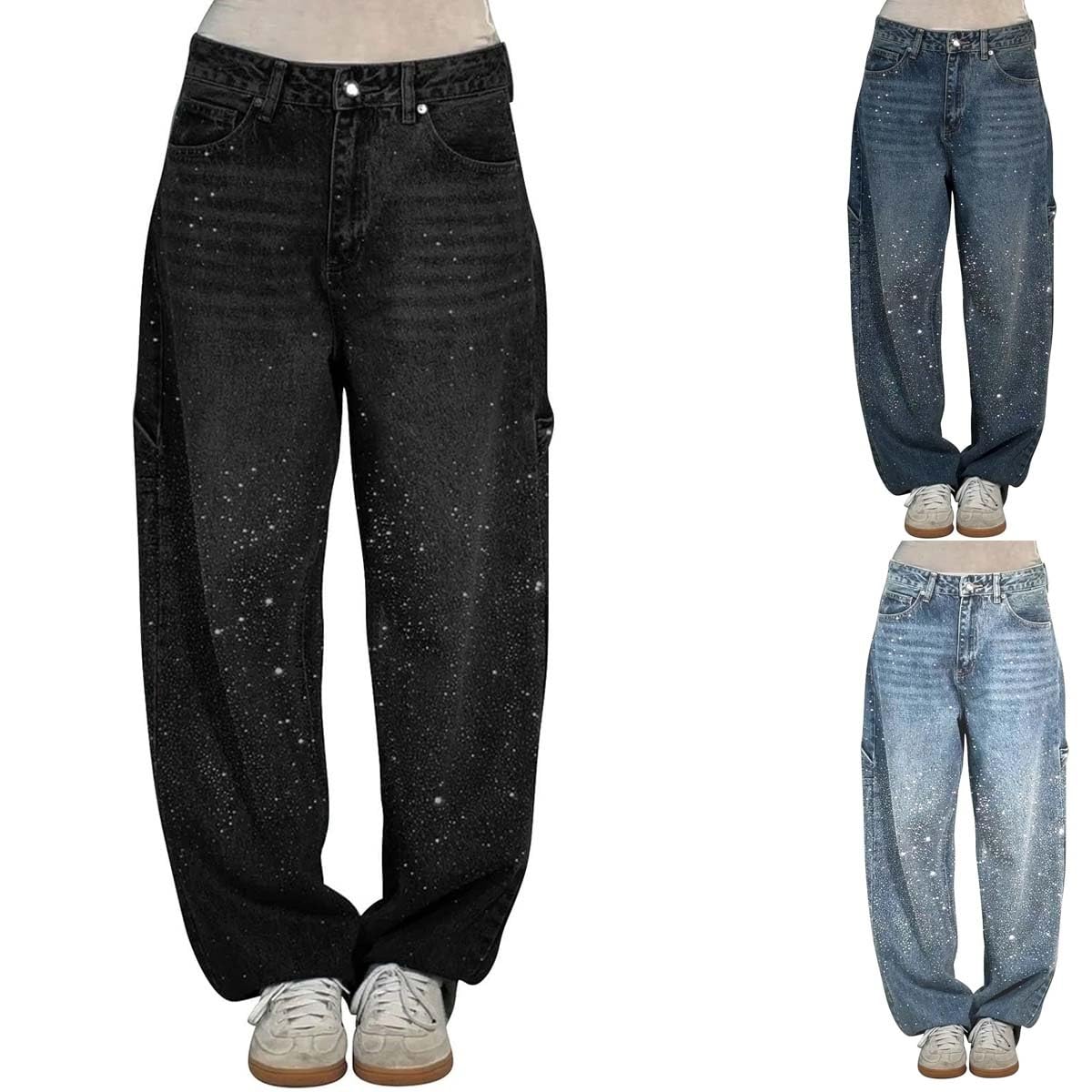 Jeans Donna Strass E Glitter - Pantalone Baggy Vita Alta, Gamba Larga, Elasticizzato, Brillantini - Foto 5