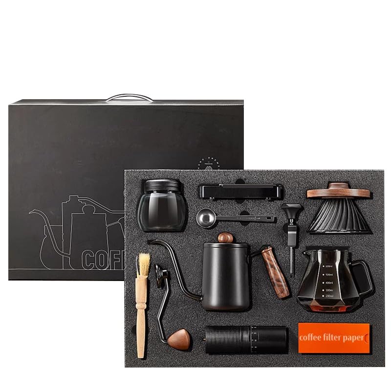 Juego completo de cafetera de 10 piezas, kit completo de preparación de café por goteo con hervidor, báscula, molinillo y accesorios, para los amantes del café, barista en casa, viajes y campamento