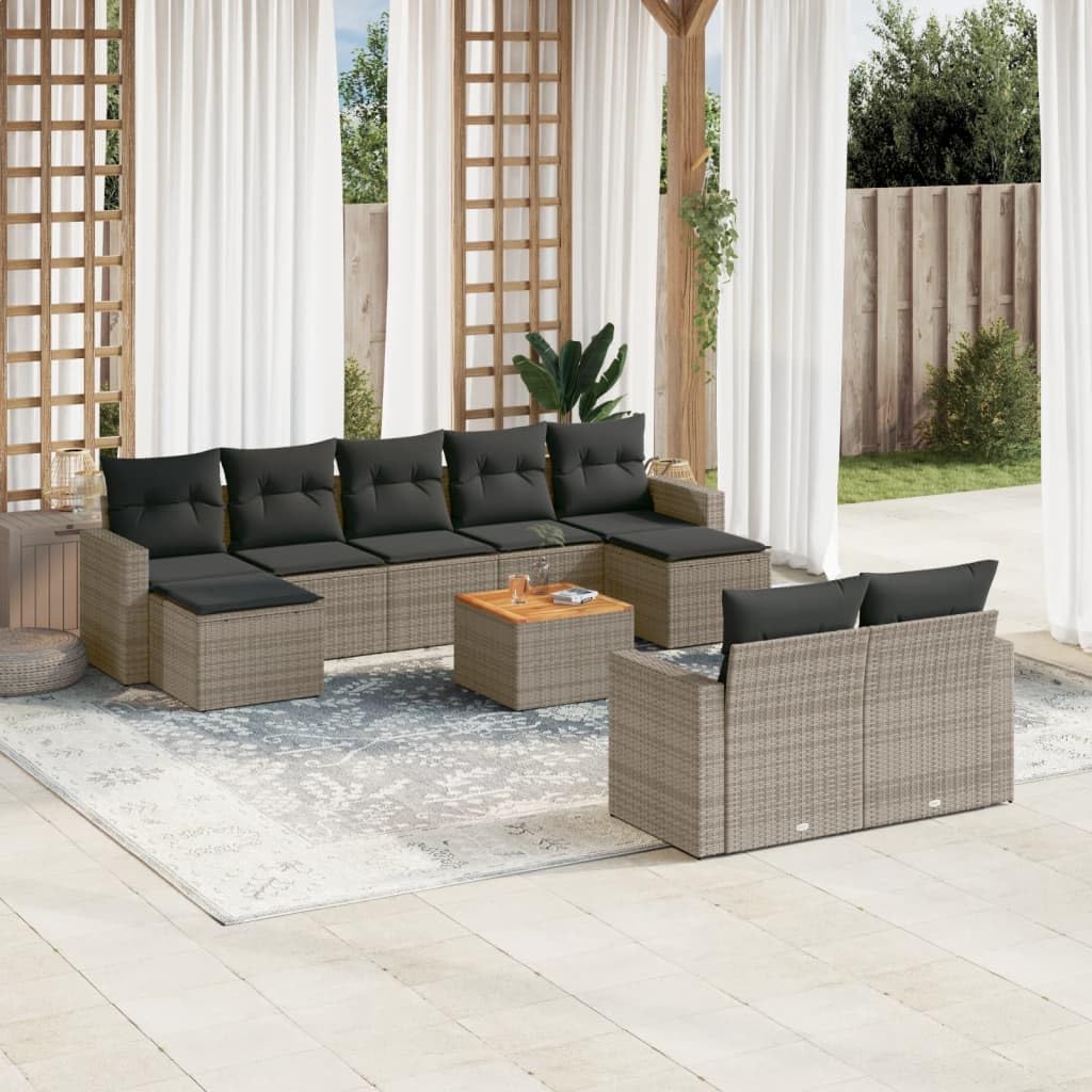 Set da 10 pezzi in polyrattan grigio con cuscini, divano da giardino con fodere sfoderabili e lavabili, design modulare, piano in legno di acacia, gruppo sedute per giardino terrazzo