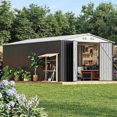 Polar Aurora 10x16 Outdoor Storage Shed, Garden Shed with Updated Frame Structure and Lockable Doors, Metal Tool Sheds for Backyard Garden Patio Lawn, White