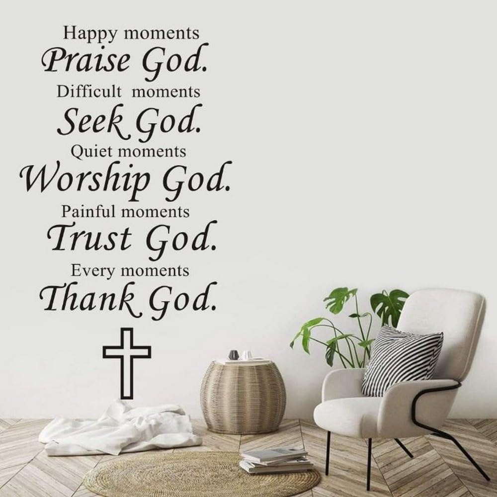 Religious Wall Decal Happy Moments Praise God Every Moment Thank God Quotes Wall Sticker Christianity Decor Mural YU74(57X99CM Black)