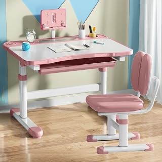 GIZNXBA Height-Adjustable Kids Desk & Chair Set, Children Study Desk with 60-Degree Tilted Desktop, Pull-Out Storage Drawer, Book Stand, Suitable for 3-18 Years Old Kids (Color : /Pink, Size : B)