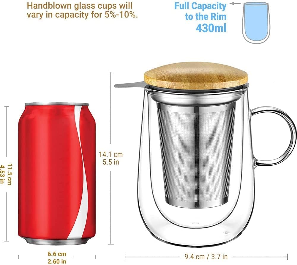 glastal Tea Infuser Mug 14.5oz Insulated Heatproof Glass Tea Cup with Removable Infuser and Lid, Clear Glass Teacup 430ml Double Wall Borosilicate Glass Teacup for Loose Tea, Gifts for Parents Dad Mum - Image 2