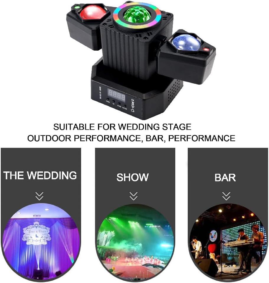 2-Armed 4-in-1 RGBW LED Moving Head DJ Lights, DMX512 Controlled, Stage Lighting Rotating Strobe Effect, AUTO, Sound Activation, Remote Starry Effect, for DJ Parties Wedding Concerts Events