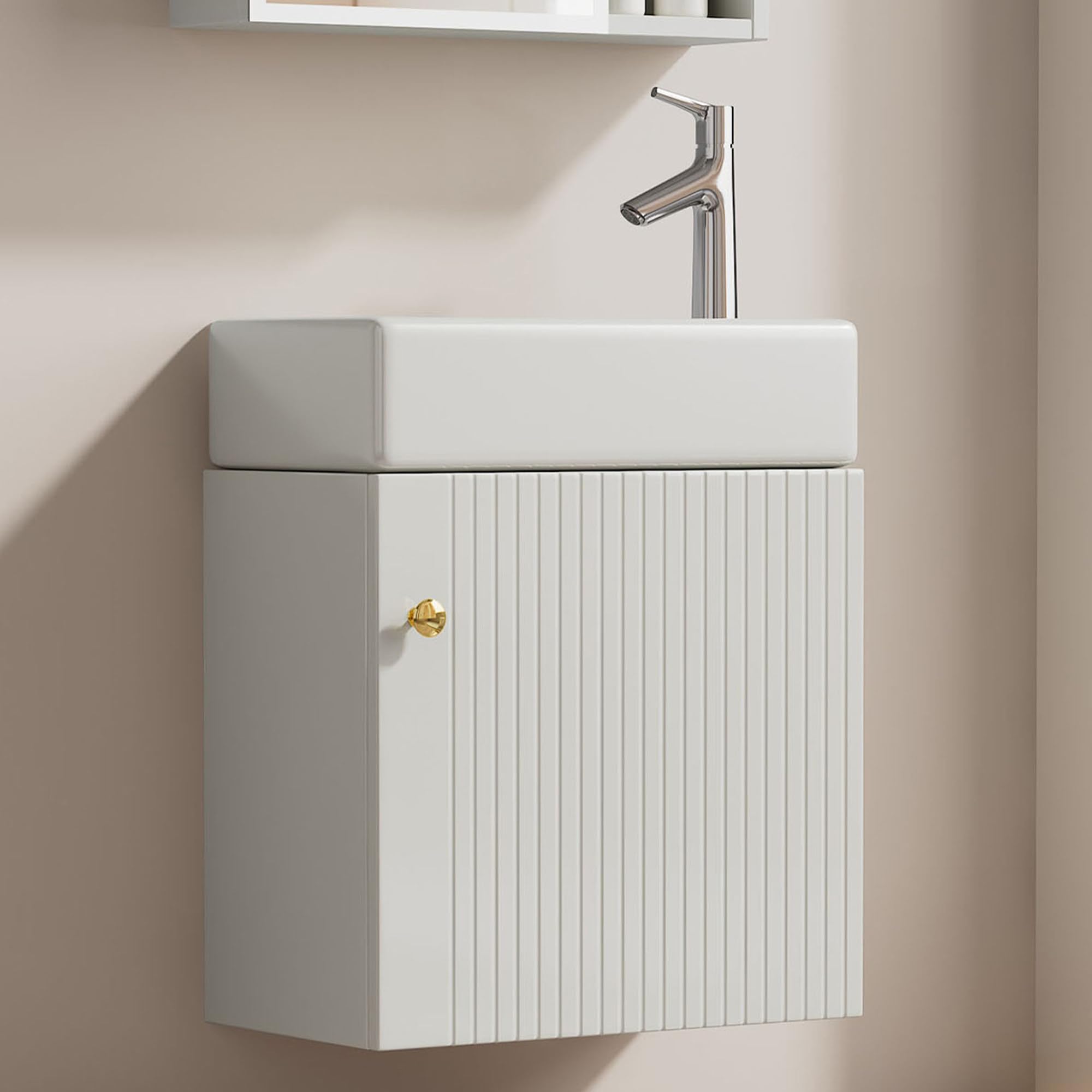 Meuble Salle de Bain avec Vasque Moderne, Vasque en Céramique avec Meuble Sous-vasque 46 cm, Meuble Vasque Suspendu, Petit Meuble Salle de Bain pour Invités, Meuble Vasque WC, Gris/Blanc/Naturel