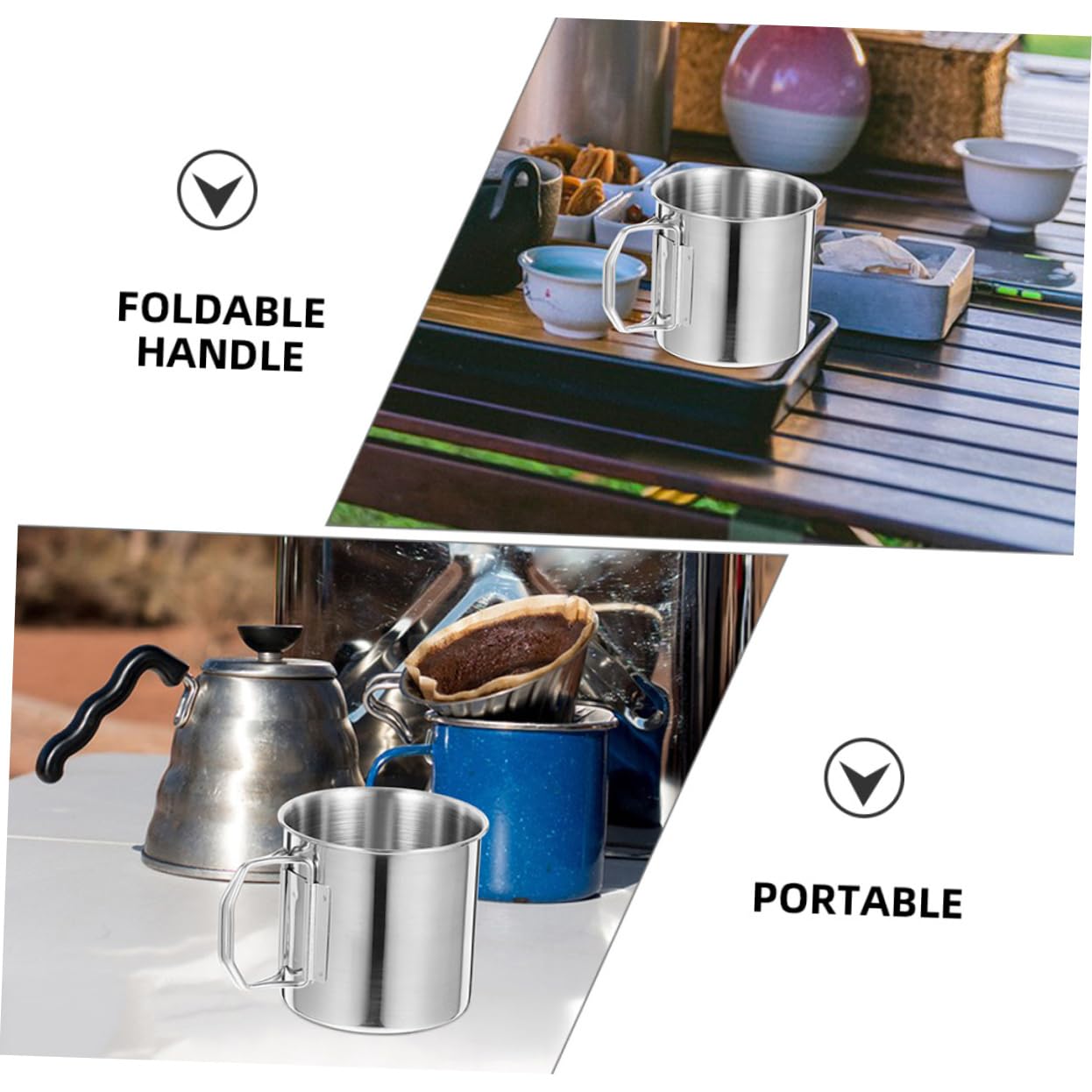 Taza para Beber con Asa Plegable 2 Piezas de Acero Inoxidable Plata