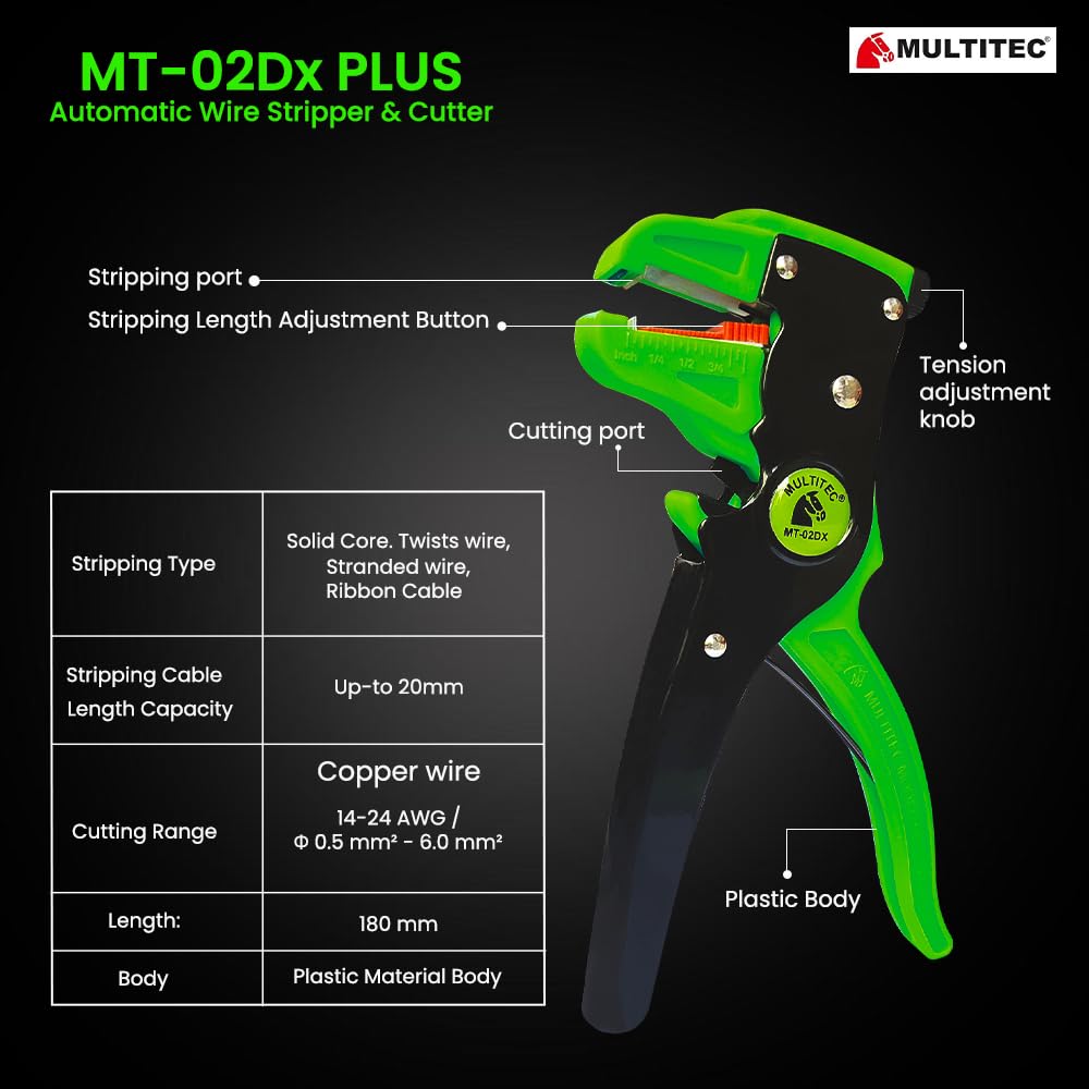MULTITEC MT-02 Dx Plus Automatic Wire Stripper & Cutter | 2-in-1 Electrician Tool for Copper Wires, Cables & Cords | Adjustable, One-Handed Use with Anti-Slip Grip 4