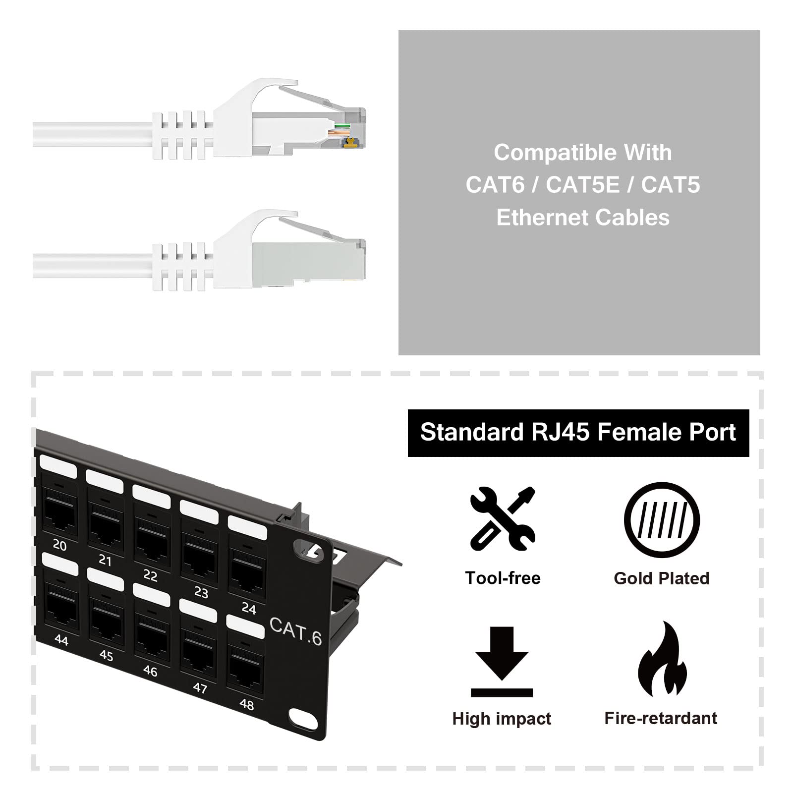 iwillink Panel de conexión Cat6A de 10 Gbps de 48 puertos, panel de conexión Keystone de 2U UTP de 19 pulgadas con barra trasera, montaje en pared o montaje en rack, compatible con cableado Cat5