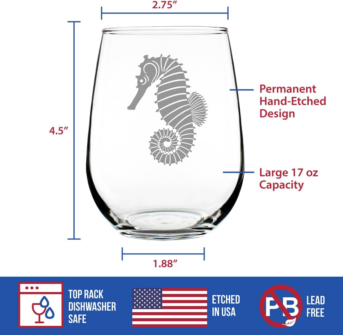 Seahorse Stemless Wine Glass - Unique Beachy Summer Gifts and Beach House Decor - Large 17 Oz Glasses - Image 5